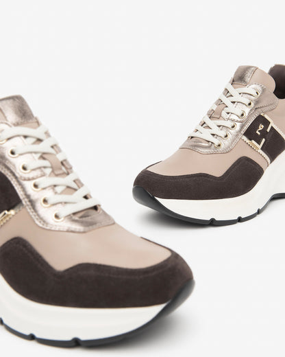 Nero Giardini I411496D Sneakers donna in camoscio, pelle e materiale tecnico castagno