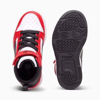 Puma 393832-03 Sneakers Rebound V6 Mid da bambini White-PUMA Black-For All Time Red