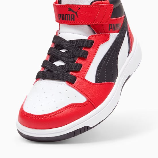 Puma 393832-03 Sneakers Rebound V6 Mid da bambini White-PUMA Black-For All Time Red