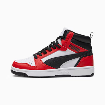 Puma 393831-03 Sneakers Rebound V6 Mid da ragazzi White-PUMA Black-For All Time Red