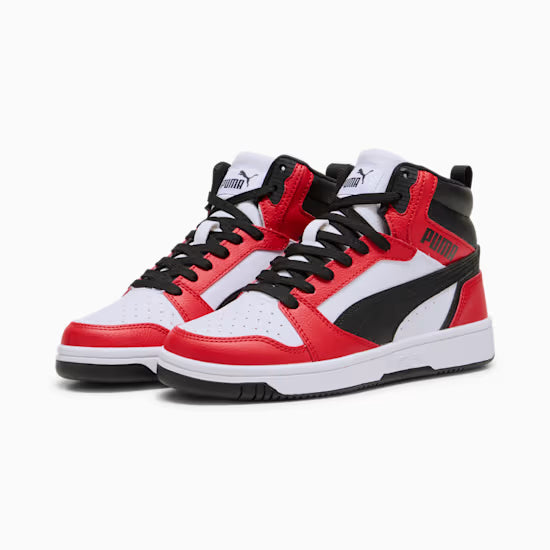 Puma 393831-03 Sneakers Rebound V6 Mid da ragazzi White-PUMA Black-For All Time Red
