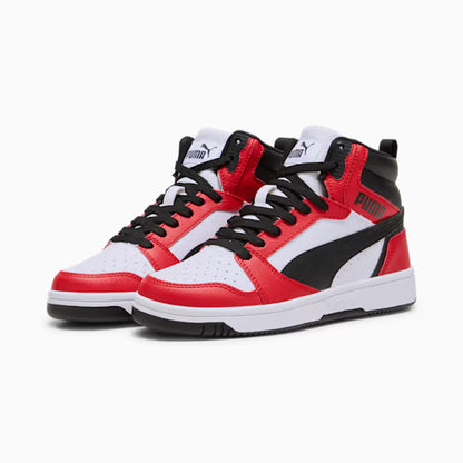 Puma 393831-03 Sneakers Rebound V6 Mid da ragazzi White-PUMA Black-For All Time Red
