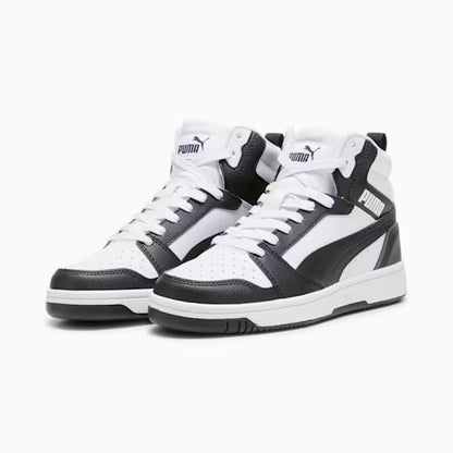 Puma 393831-01 Sneakers Rebound V6 Mid da ragazzi White-PUMA Black-Shadow Gray
