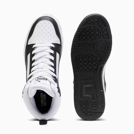 Puma 393831-01 Sneakers Rebound V6 Mid da ragazzi White-PUMA Black-Shadow Gray