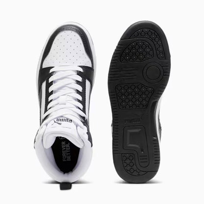 Puma 393831-01 Sneakers Rebound V6 Mid da ragazzi White-PUMA Black-Shadow Gray