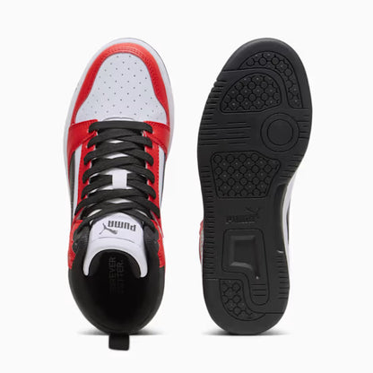 Puma 393831-03 Sneakers Rebound V6 Mid da ragazzi White-PUMA Black-For All Time Red