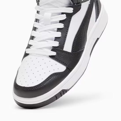 Puma 393831-01 Sneakers Rebound V6 Mid da ragazzi White-PUMA Black-Shadow Gray